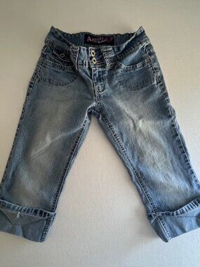 ANGEL JEANS light wash distressed jeans two button zip fly low rise Size 5J